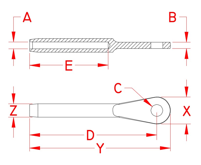 Mil. Spec Swage Eye, stainless steel, MS20668, MS20668-2, MS20668-3, MS20668-4, MS20668-5, MS20668-6, MS20668-8, MS20668-10, MS20668-12, Line Drawing